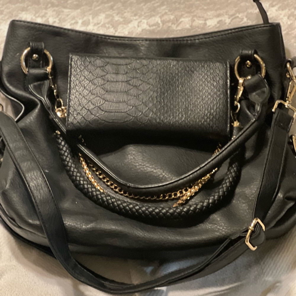 Black faux leather purses and wallet